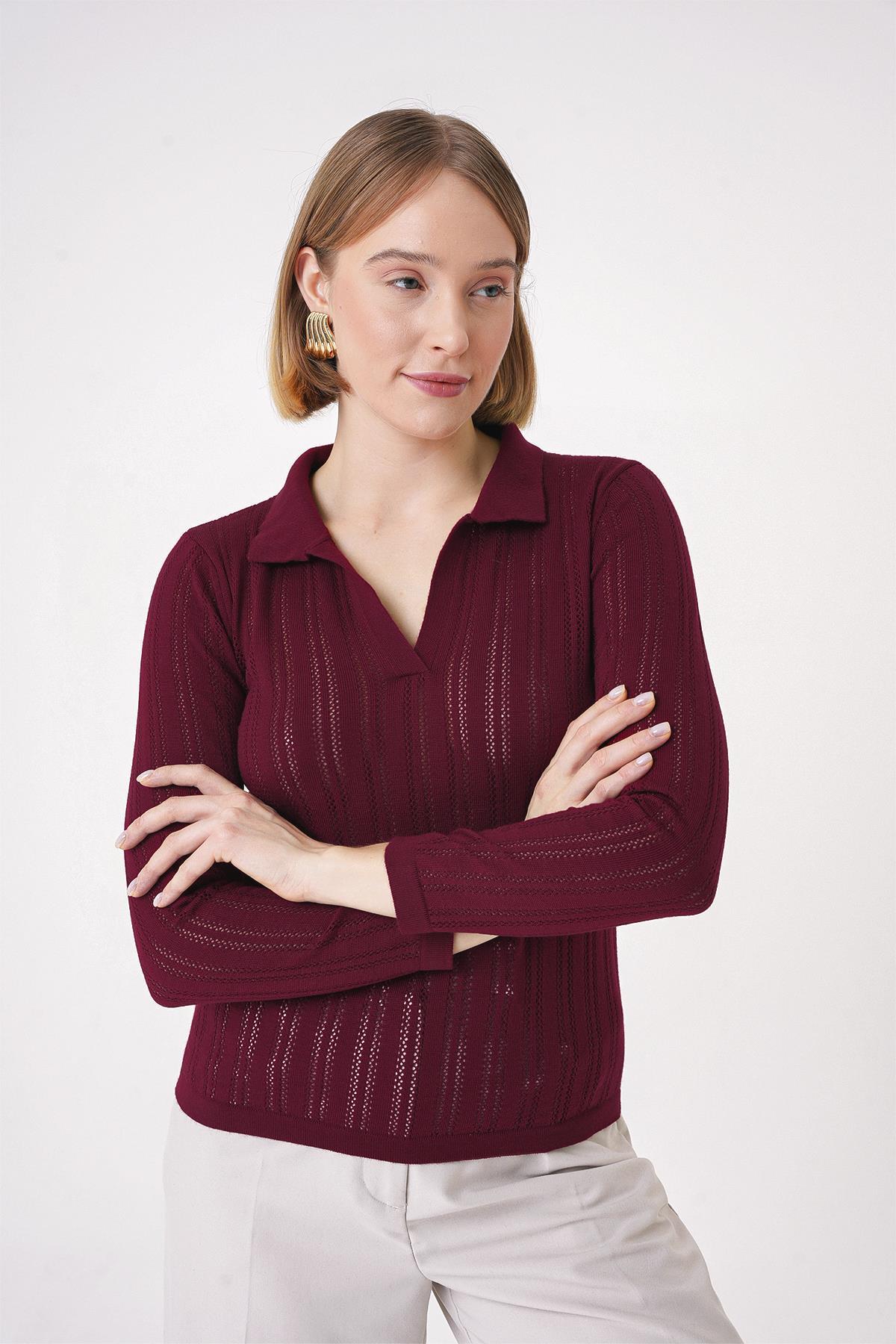 Chuba Kadın Polo Yaka Örgü Detaylı Regular Fit Triko Kazak Bordo 25W3004
