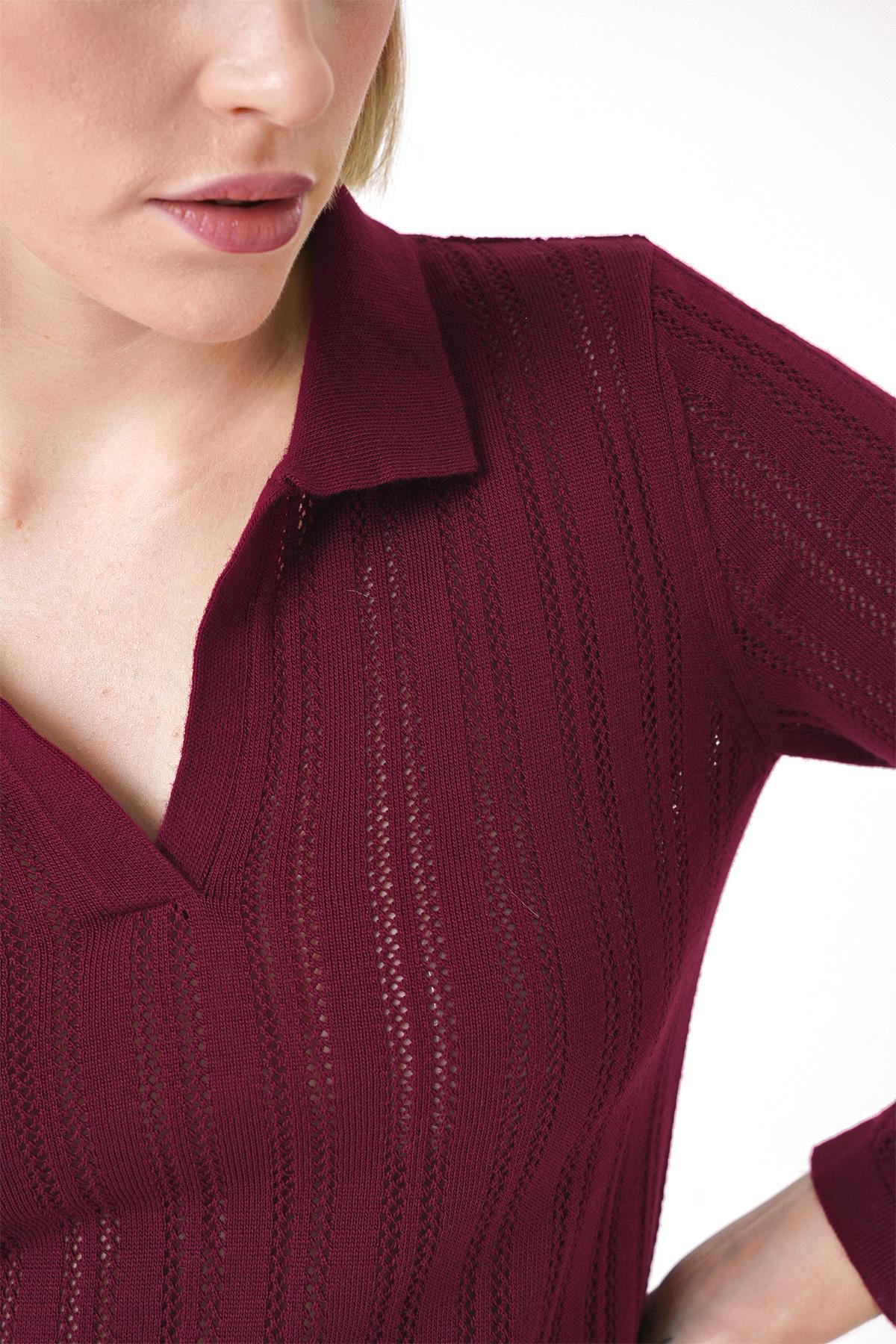Chuba Kadın Polo Yaka Örgü Detaylı Regular Fit Triko Kazak Bordo 25W3004