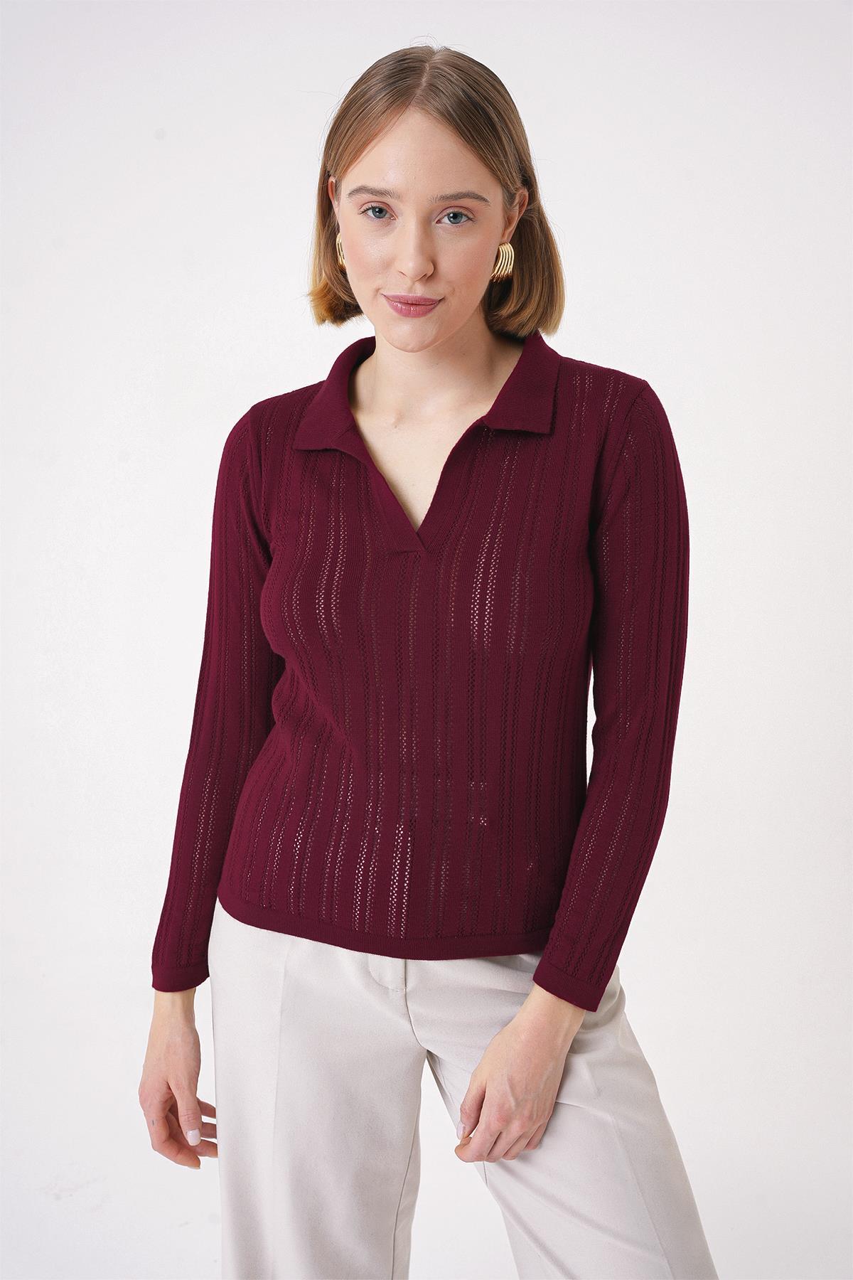 Chuba Kadın Polo Yaka Örgü Detaylı Regular Fit Triko Kazak Bordo 25W3004
