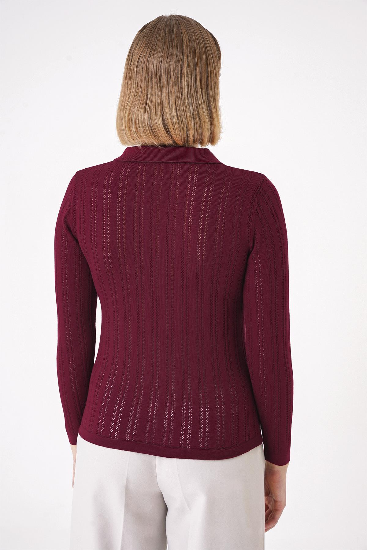 Chuba Kadın Polo Yaka Örgü Detaylı Regular Fit Triko Kazak Bordo 25W3004