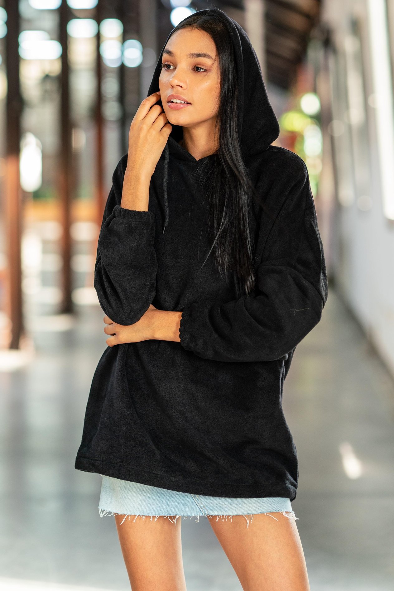 CHUBA Kadın Siyah Kapüşonlu Oversize Outdoor Retro Polar Hoodie 22WK299