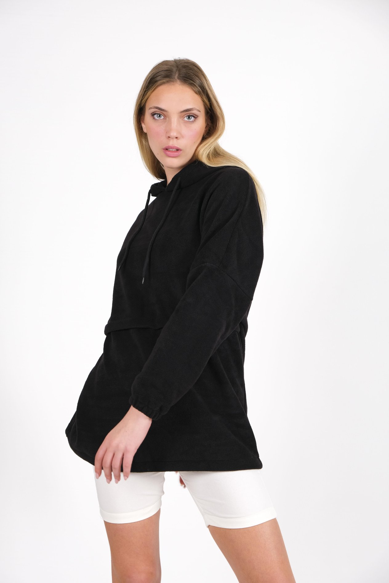 CHUBA Kadın Siyah Kapüşonlu Oversize Outdoor Retro Polar Hoodie 22WK299