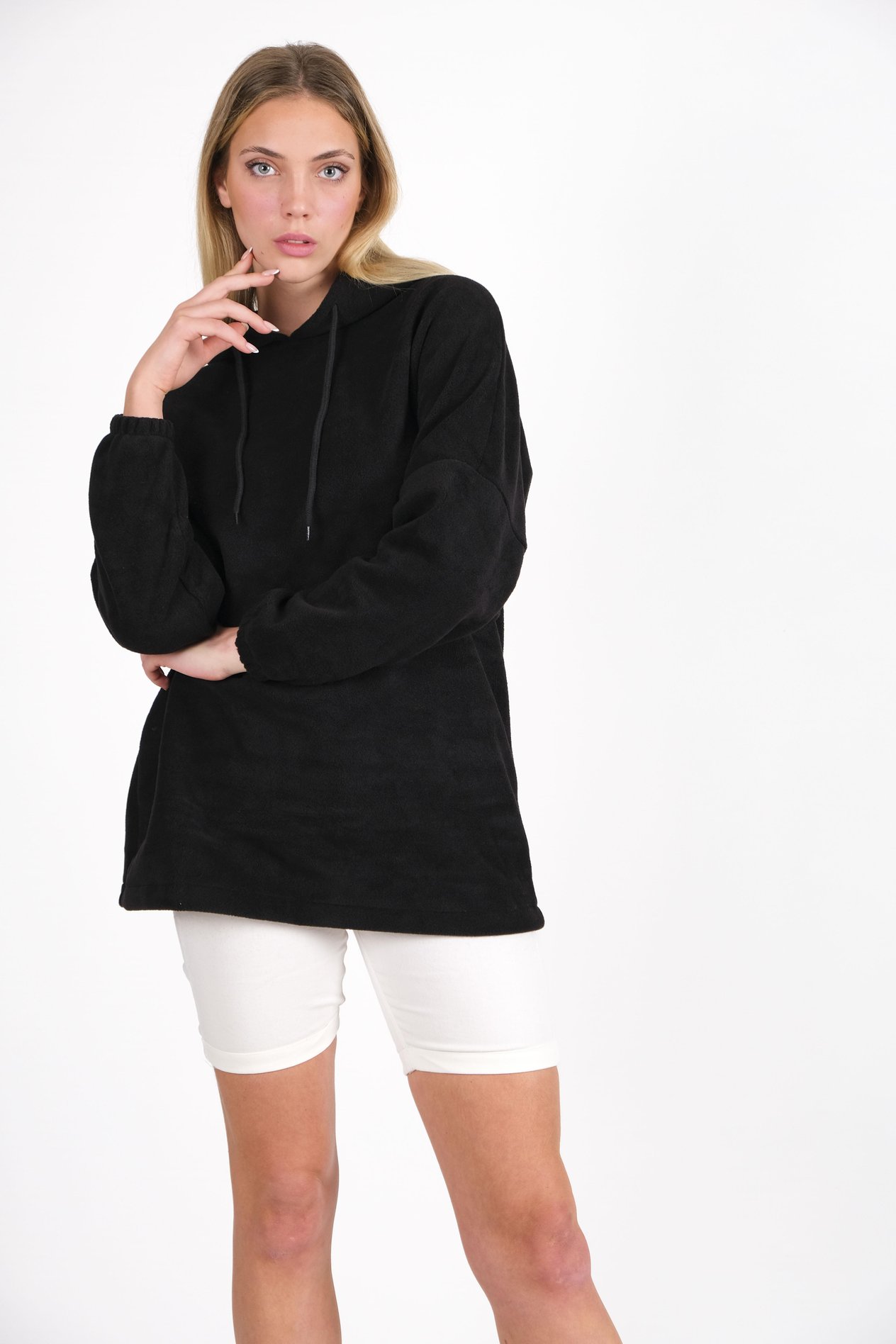 CHUBA Kadın Siyah Kapüşonlu Oversize Outdoor Retro Polar Hoodie 22WK299