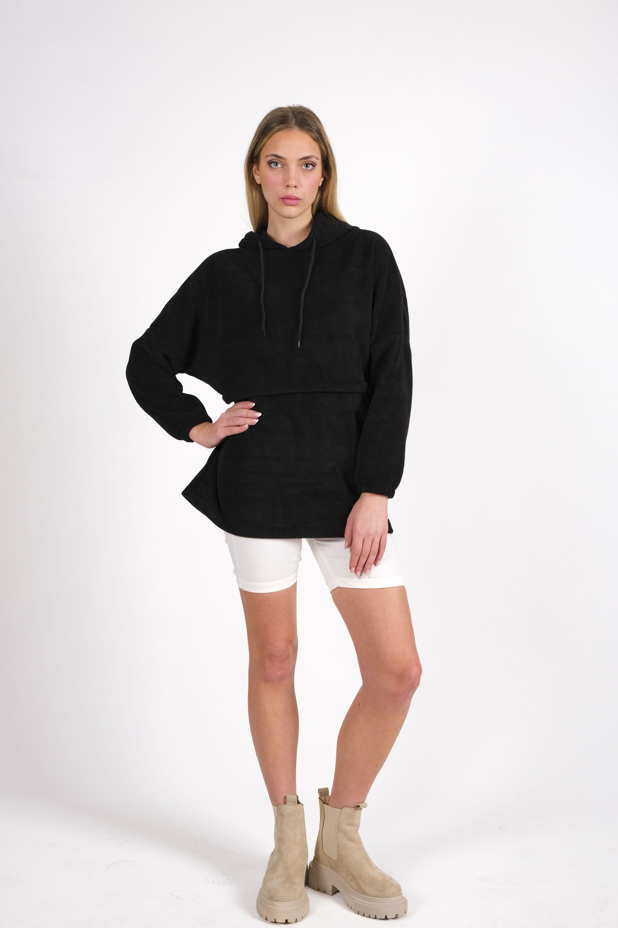 CHUBA Kadın Siyah Kapüşonlu Oversize Outdoor Retro Polar Hoodie 22WK299