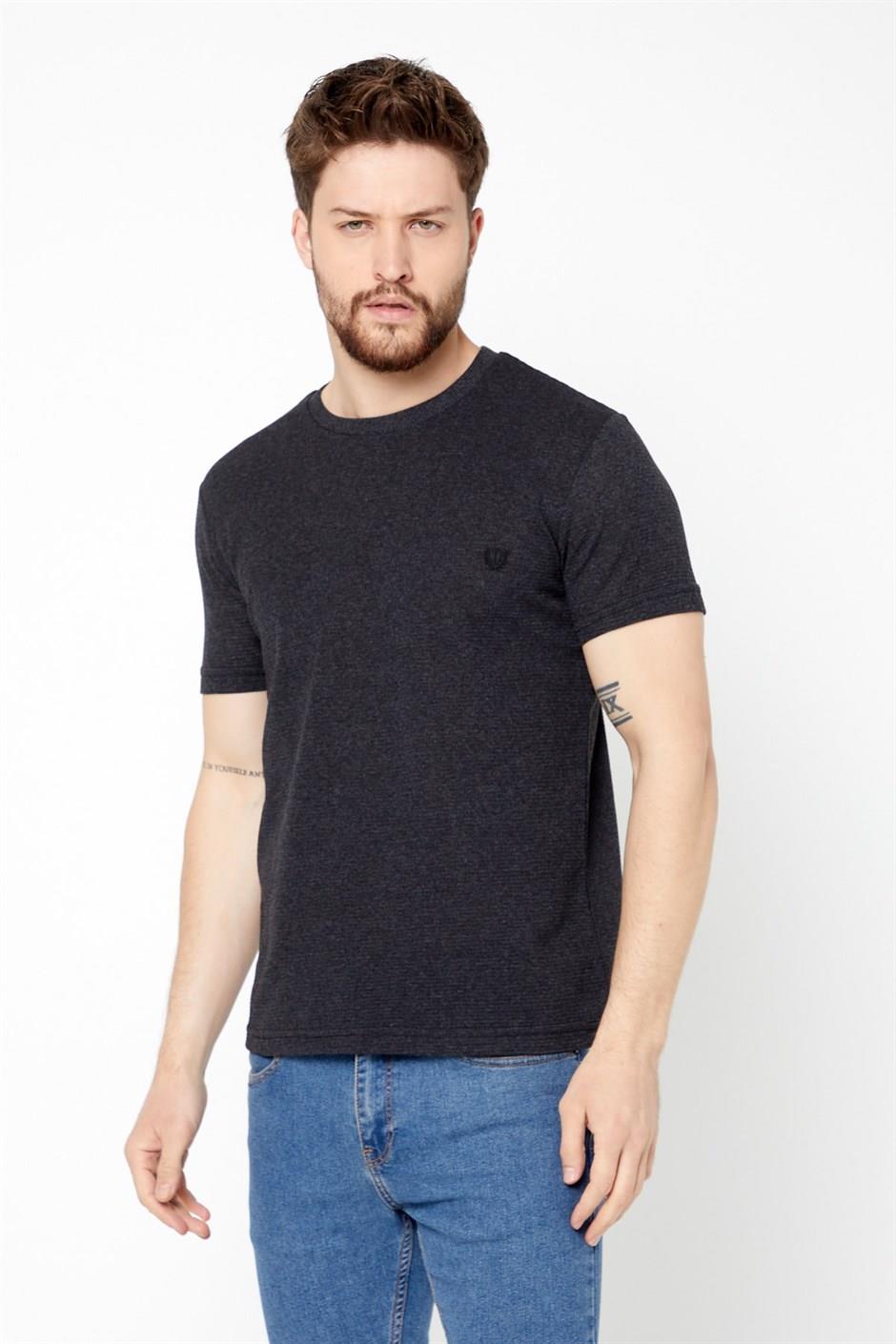 COMEOR Erkek Antrasit Göğüs Nakış Detaylı Slim Fit Kısa Kollu Bisiklet Yaka T-shirt