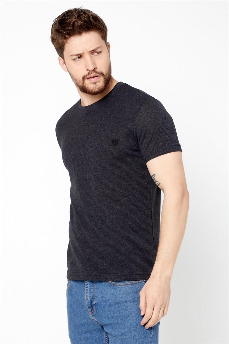 COMEOR Erkek Antrasit Göğüs Nakış Detaylı Slim Fit Kısa Kollu Bisiklet Yaka T-shirt