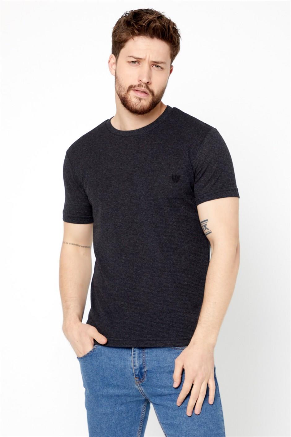 COMEOR Erkek Antrasit Göğüs Nakış Detaylı Slim Fit Kısa Kollu Bisiklet Yaka T-shirt
