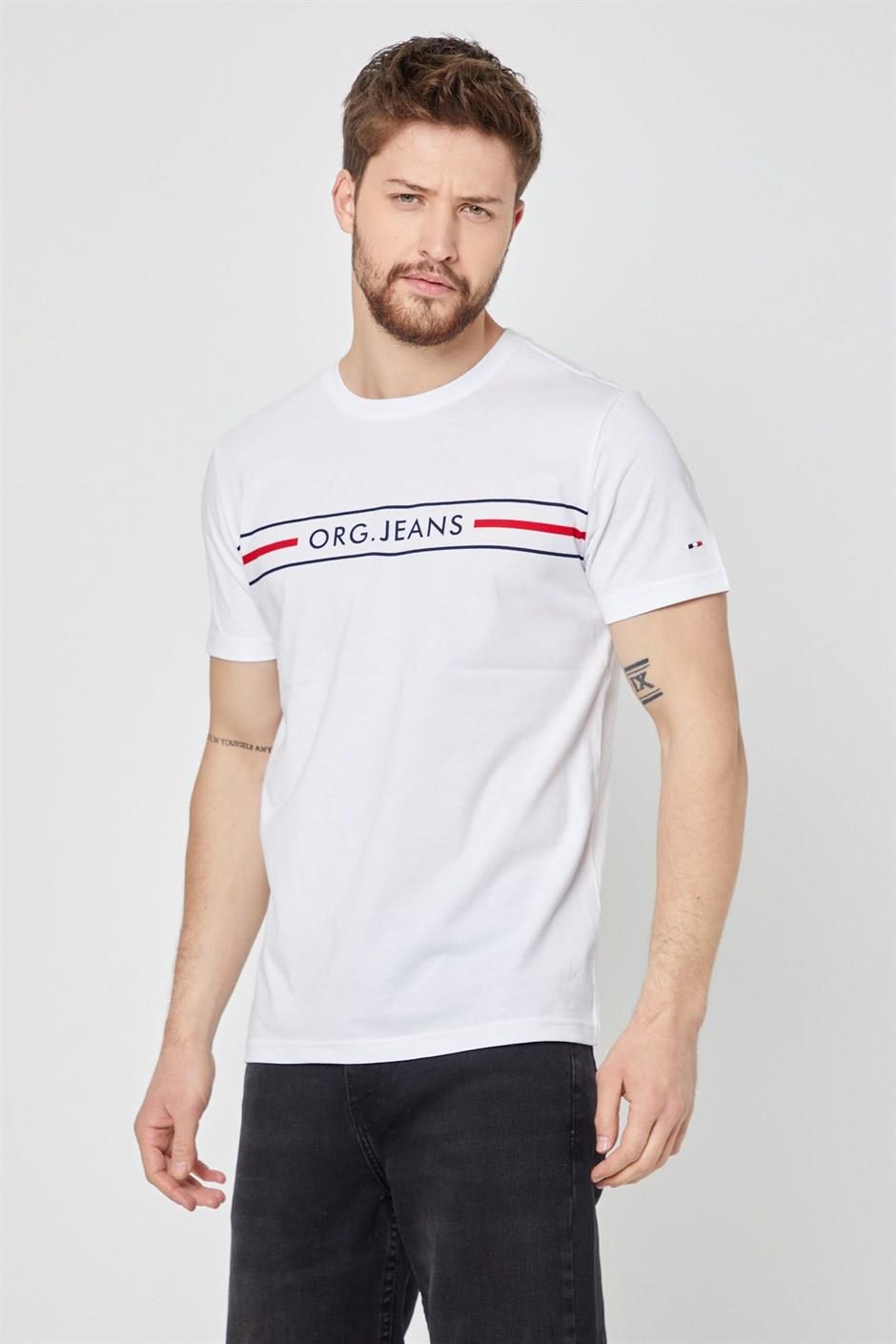 COMEOR Erkek Beyaz Önü Baskılı Kısa Kollu Bisiklet Yaka Basic Slim Fit T-shirt