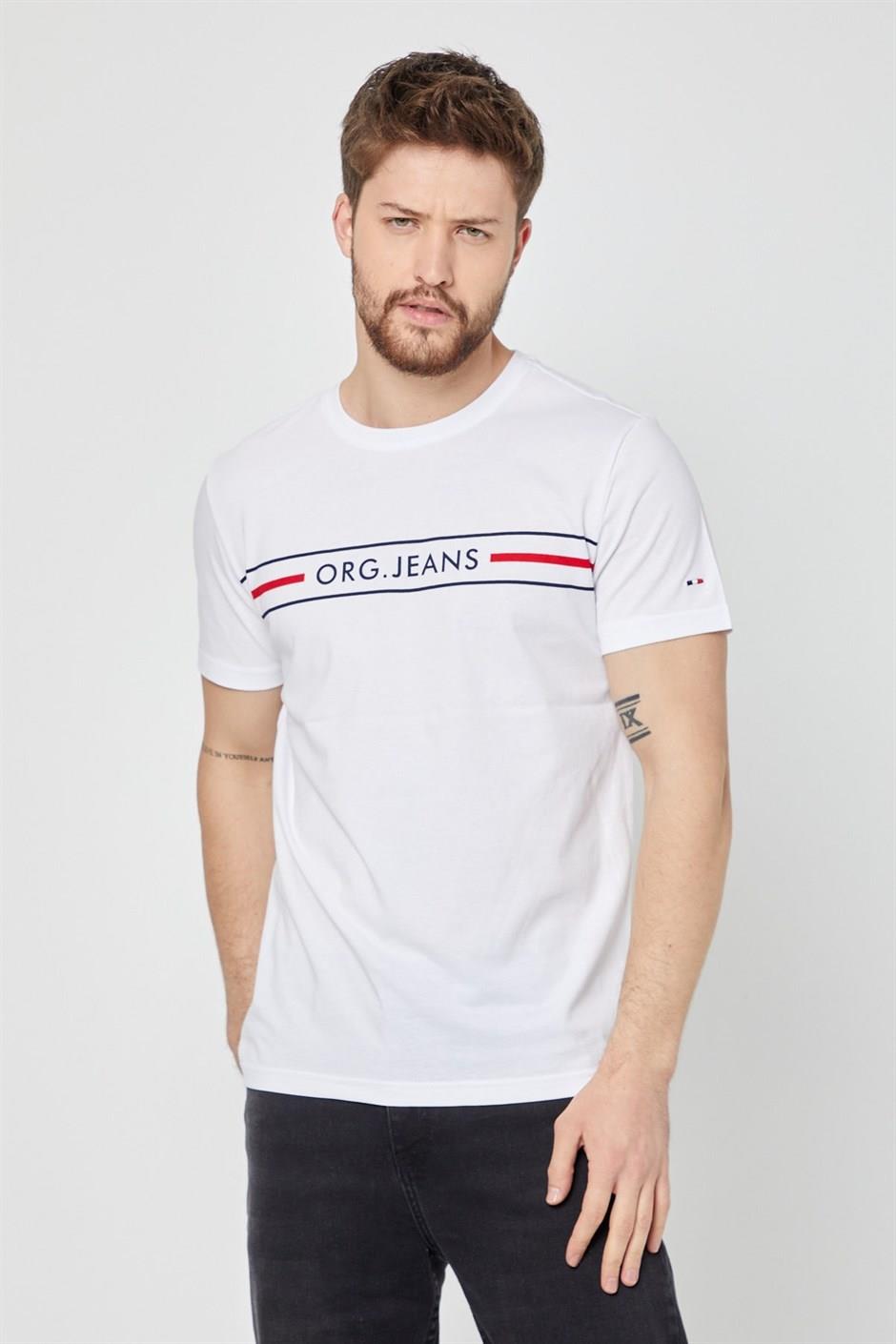 COMEOR Erkek Beyaz Önü Baskılı Kısa Kollu Bisiklet Yaka Basic Slim Fit T-shirt