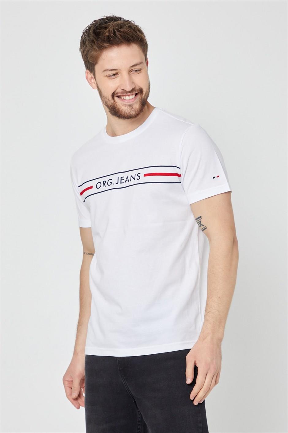 COMEOR Erkek Beyaz Önü Baskılı Kısa Kollu Bisiklet Yaka Basic Slim Fit T-shirt