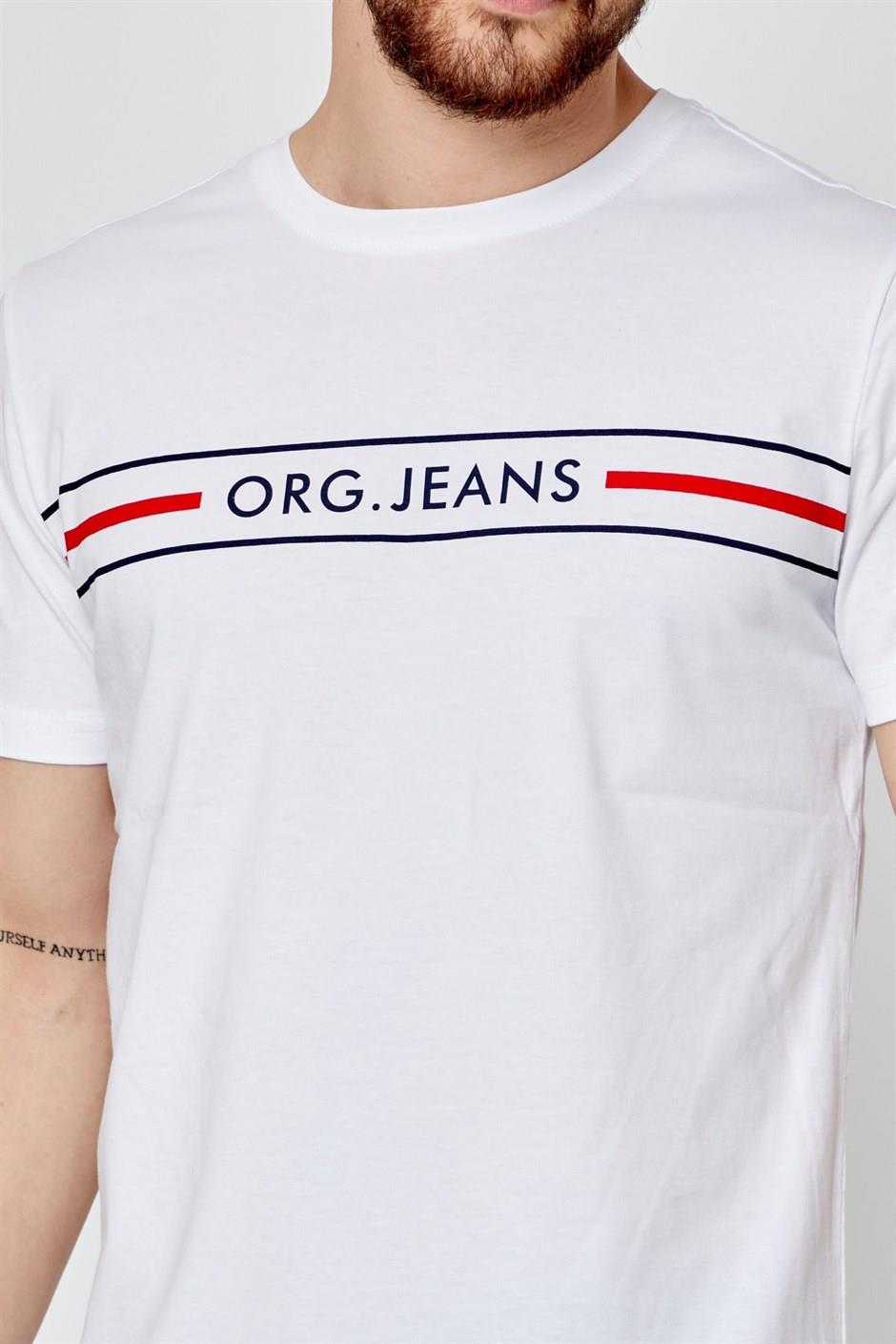 COMEOR Erkek Beyaz Önü Baskılı Kısa Kollu Bisiklet Yaka Basic Slim Fit T-shirt
