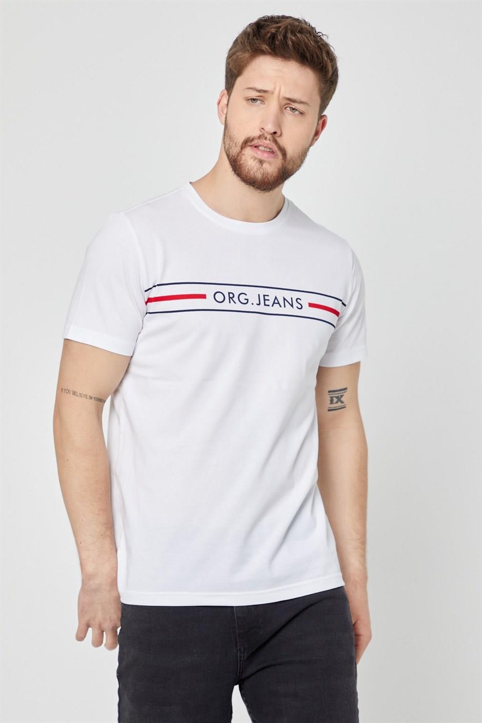 COMEOR Erkek Beyaz Önü Baskılı Kısa Kollu Bisiklet Yaka Basic Slim Fit T-shirt