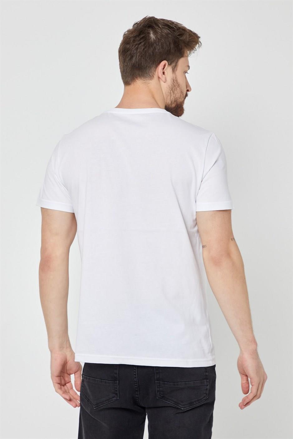 COMEOR Erkek Beyaz Önü Baskılı Kısa Kollu Bisiklet Yaka Basic Slim Fit T-shirt
