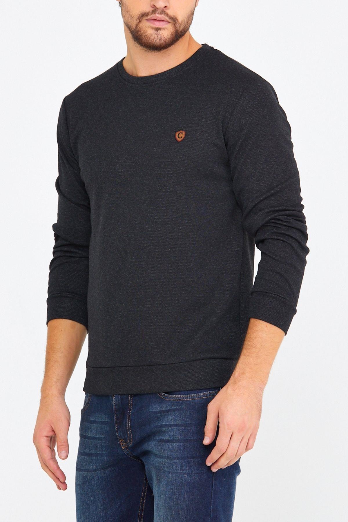 COMEOR Erkek Bisiklet Yaka Göğüs Nakış Detaylı Siyah Sweatshirt