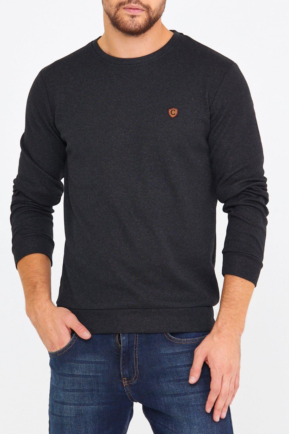 COMEOR Erkek Bisiklet Yaka Göğüs Nakış Detaylı Siyah Sweatshirt