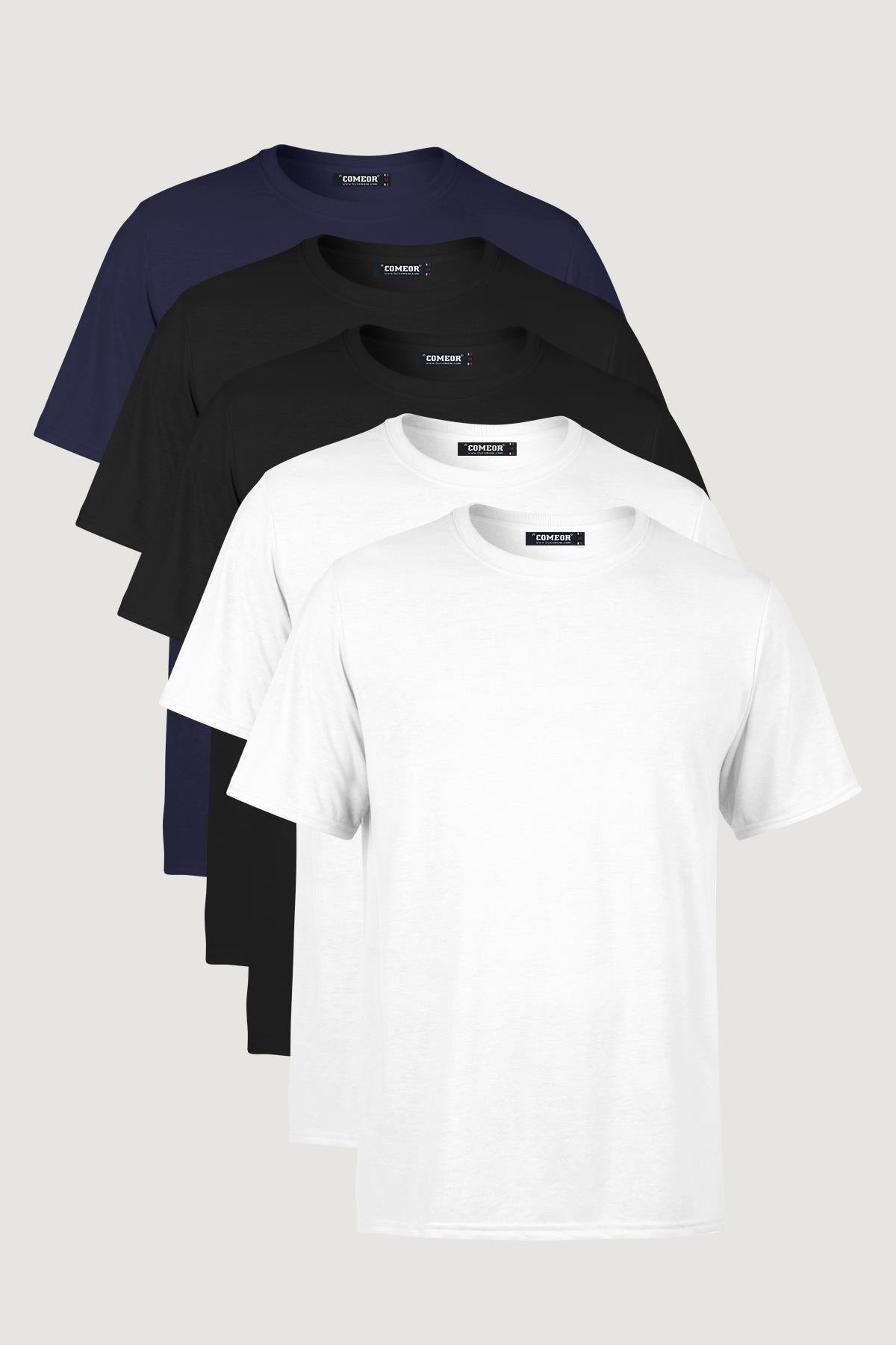 COMEOR Erkek Çok Renkli T- Shirt Regular Fit Rahat Kesim Bisiklet Yaka 5'li Basic Tişört Paketi