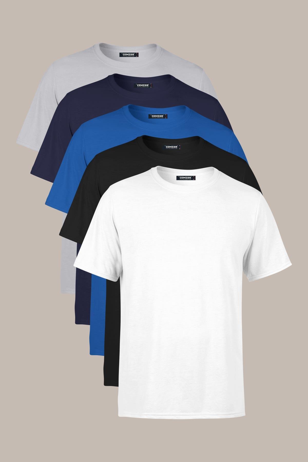 COMEOR Erkek Çok Renkli T- Shirt Regular Fit Rahat Kesim Bisiklet Yaka 5'li Basic Tişört Paketi