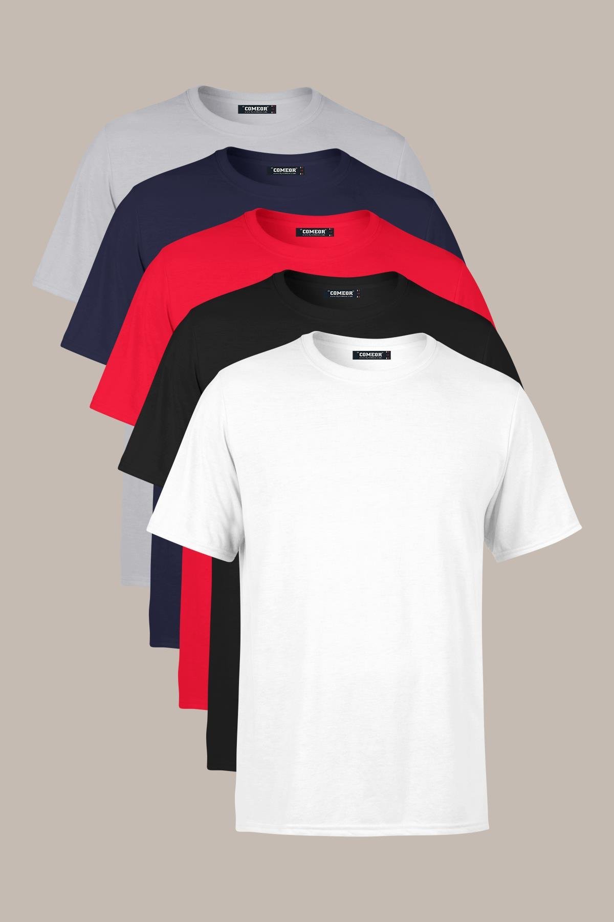 COMEOR Erkek Çok Renkli T- Shirt Regular Fit Rahat Kesim Bisiklet Yaka 5'li Basic Tişört Paketi