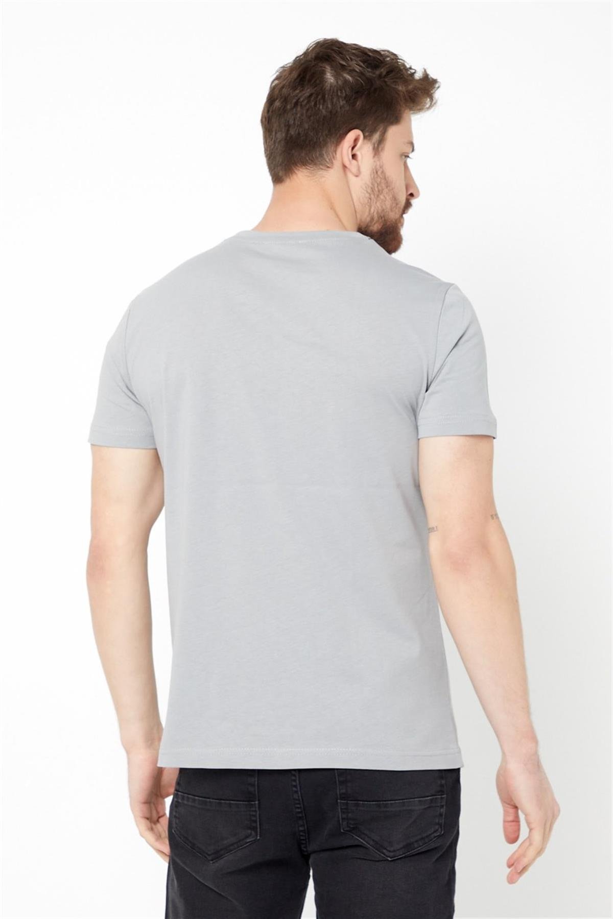 COMEOR Erkek Gri Önü Baskılı Kısa Kollu Basic Slim Fit T-shirt