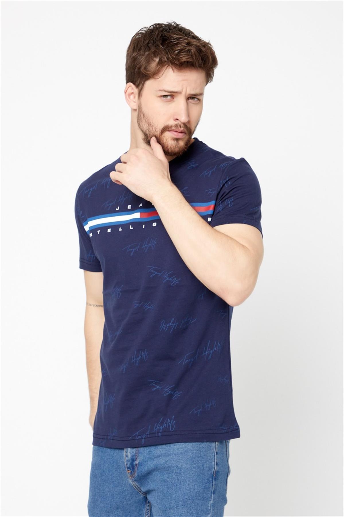COMEOR Erkek Lacivert Önü Baskılı Kısa Kollu Bisiklet Yaka Basic Slim Fit T-shirt