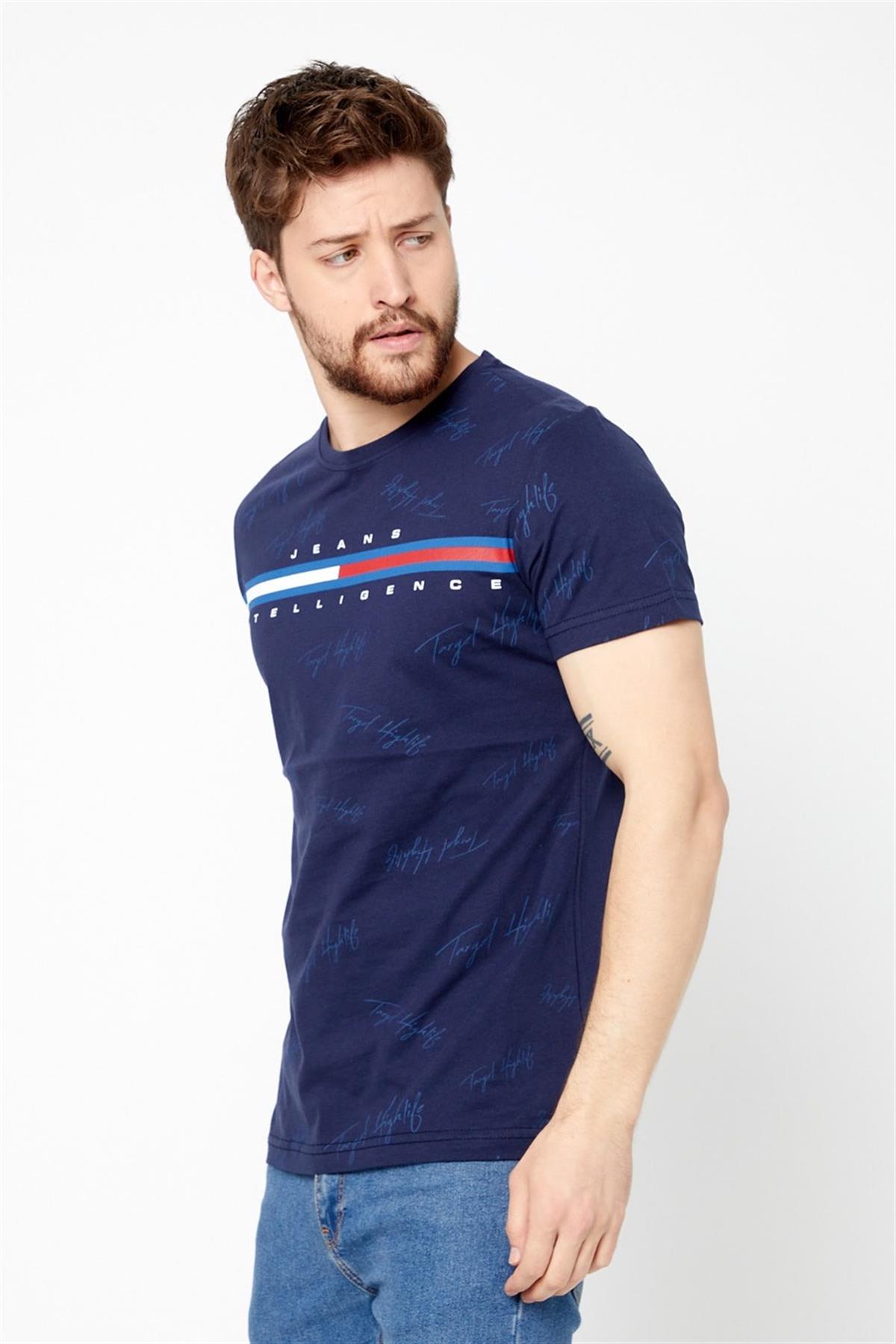 COMEOR Erkek Lacivert Önü Baskılı Kısa Kollu Bisiklet Yaka Basic Slim Fit T-shirt