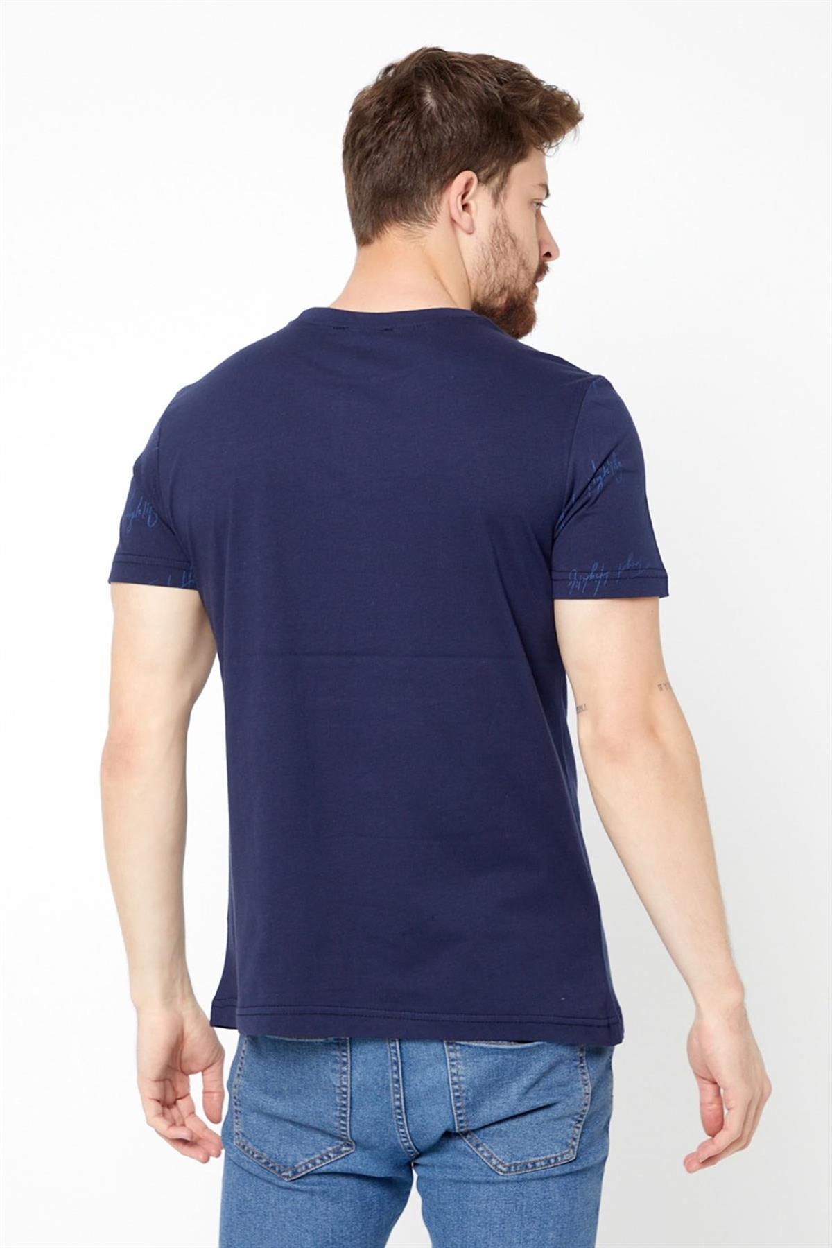 COMEOR Erkek Lacivert Önü Baskılı Kısa Kollu Bisiklet Yaka Basic Slim Fit T-shirt