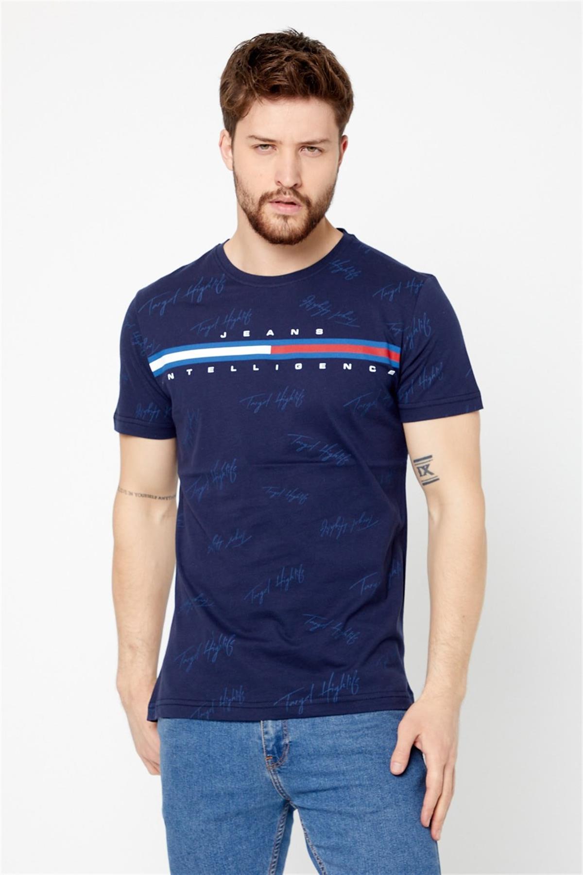 COMEOR Erkek Lacivert Önü Baskılı Kısa Kollu Bisiklet Yaka Basic Slim Fit T-shirt