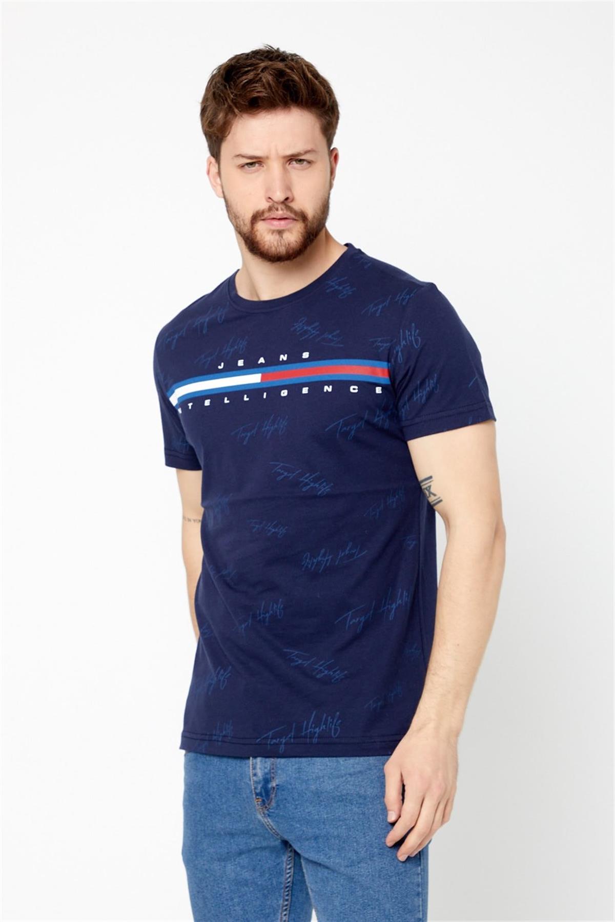 COMEOR Erkek Lacivert Önü Baskılı Kısa Kollu Bisiklet Yaka Basic Slim Fit T-shirt
