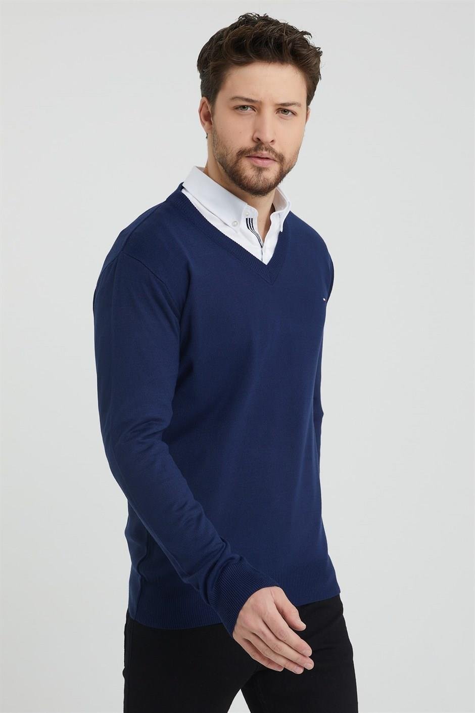 COMEOR Erkek Lacivert V Yaka Slim Fit Triko Kazak