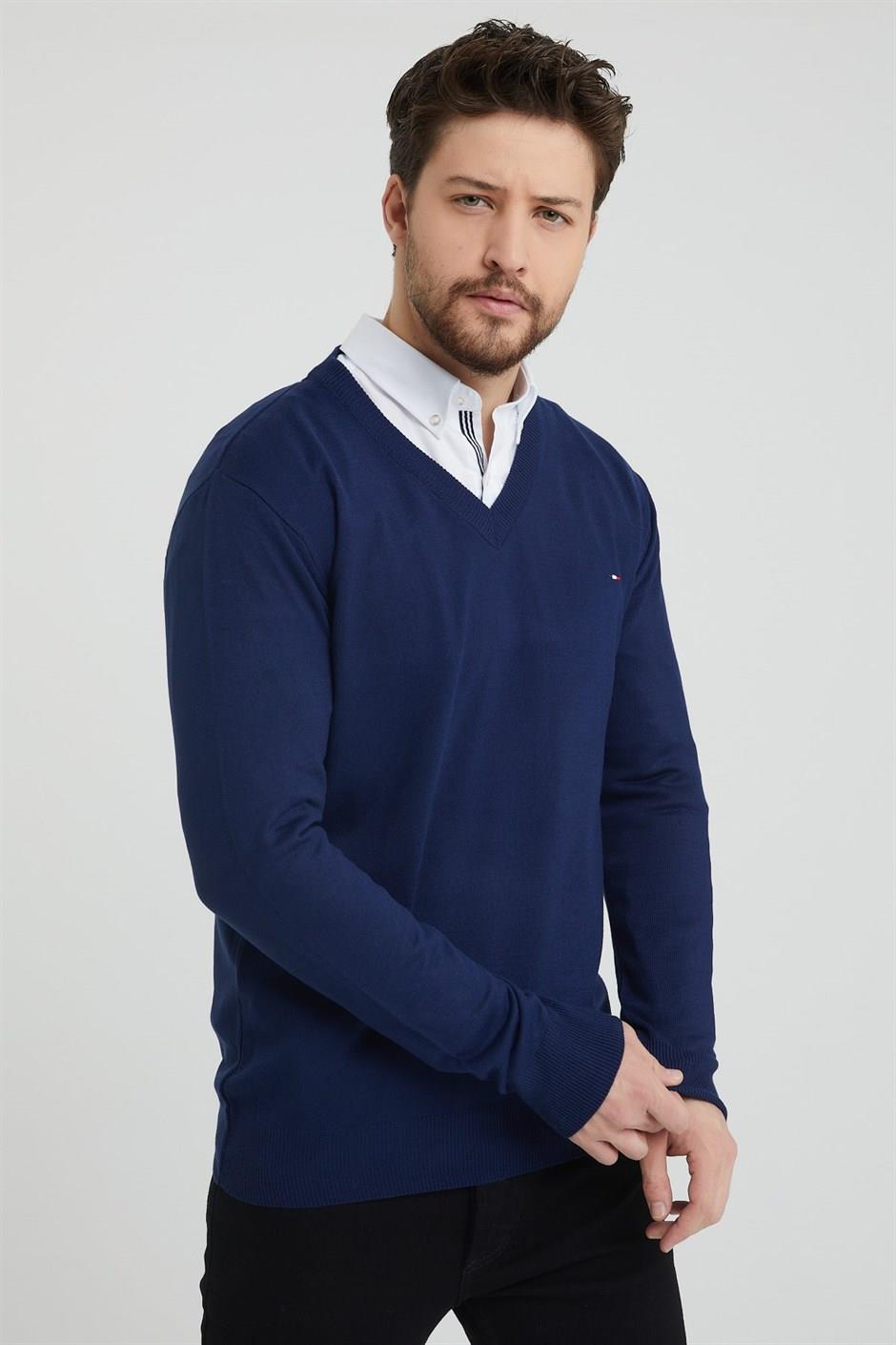 COMEOR Erkek Lacivert V Yaka Slim Fit Triko Kazak