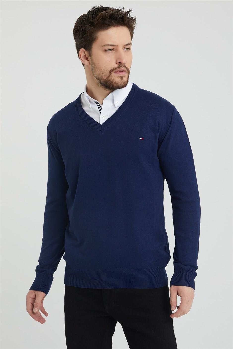 COMEOR Erkek Lacivert V Yaka Slim Fit Triko Kazak