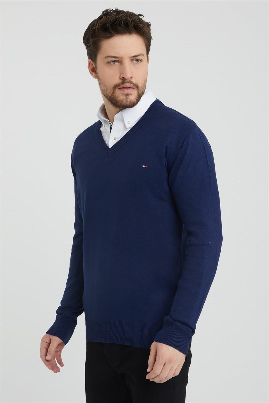 COMEOR Erkek Lacivert V Yaka Slim Fit Triko Kazak