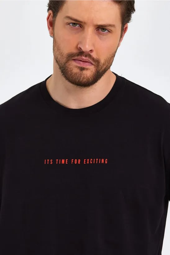 COMEOR Erkek Siyah Baskılı Basic Oversize Bisiklet Yaka Kısa Kollu T-shirt 