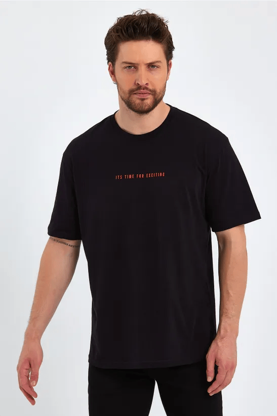 COMEOR Erkek Siyah Baskılı Basic Oversize Bisiklet Yaka Kısa Kollu T-shirt 