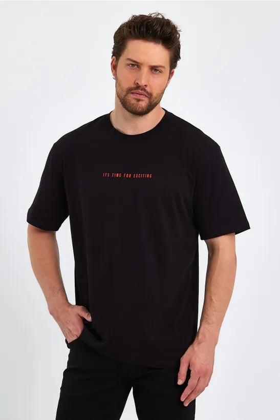COMEOR Erkek Siyah Baskılı Basic Oversize Bisiklet Yaka Kısa Kollu T-shirt 