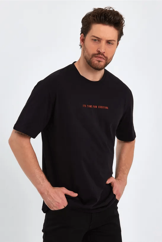 COMEOR Erkek Siyah Baskılı Basic Oversize Bisiklet Yaka Kısa Kollu T-shirt 