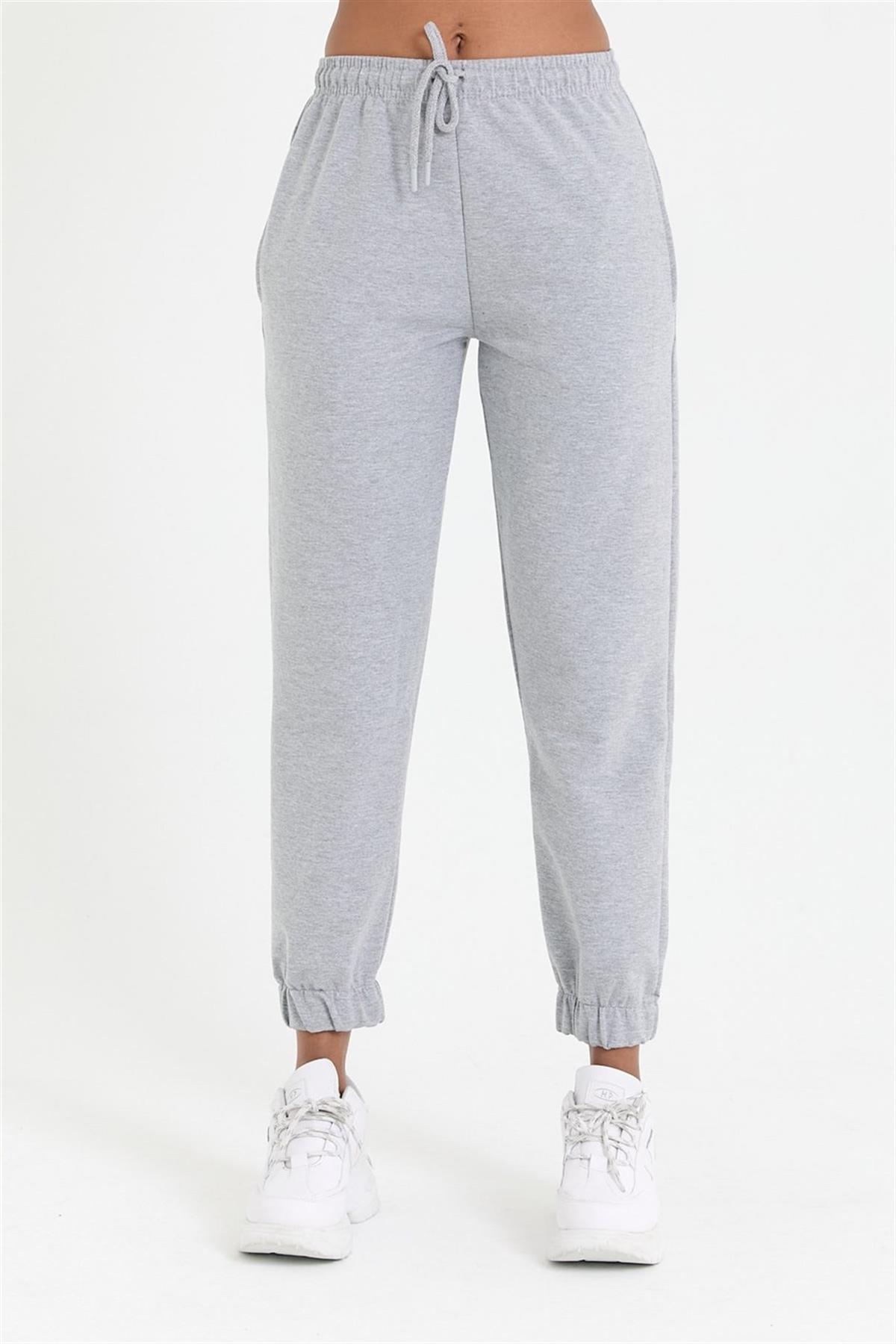 COMEOR Kadın Gri Paçası Lastikli Basic Jogger Örme Eşofman Altı