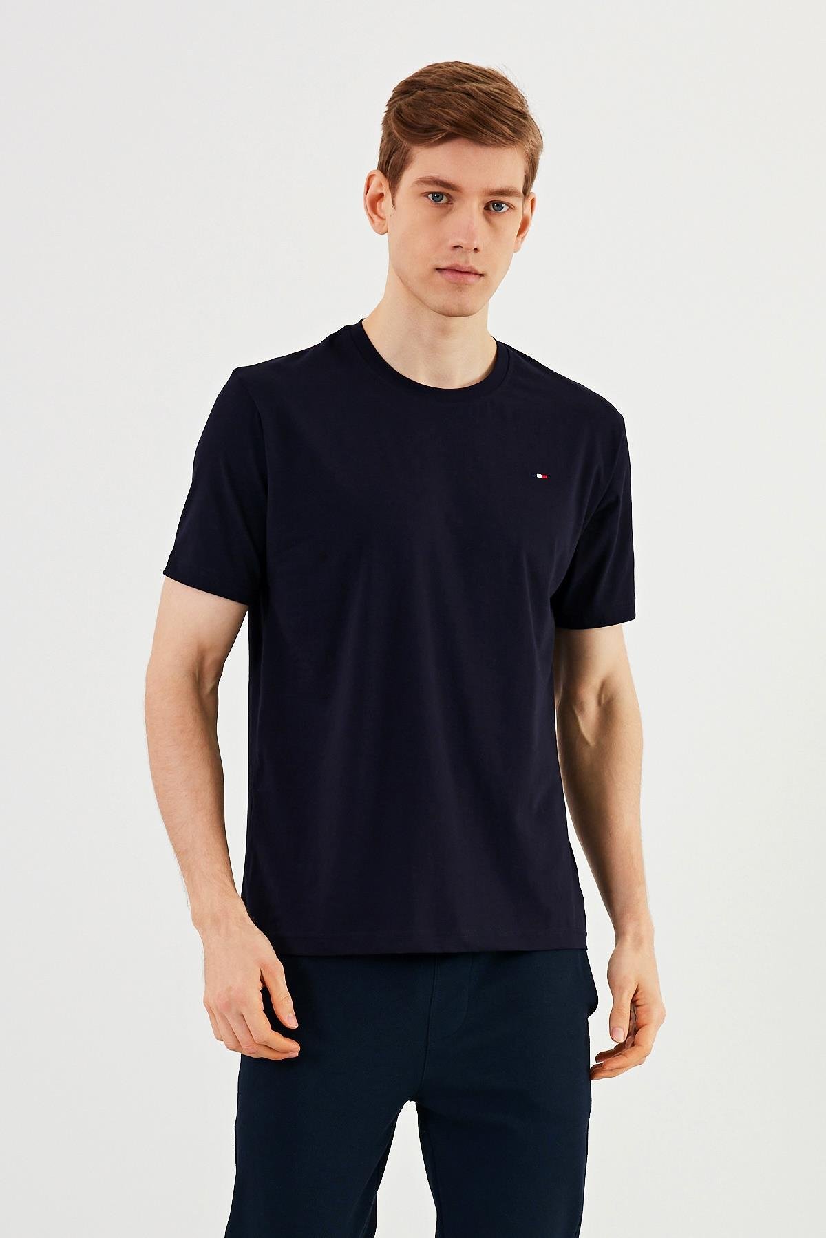 Erkek 3'lü Bisiklet Yaka T-shirt %100 Pamuk Nakış Detaylı Basic Siyah-Beyaz-Lacivert Tişört
