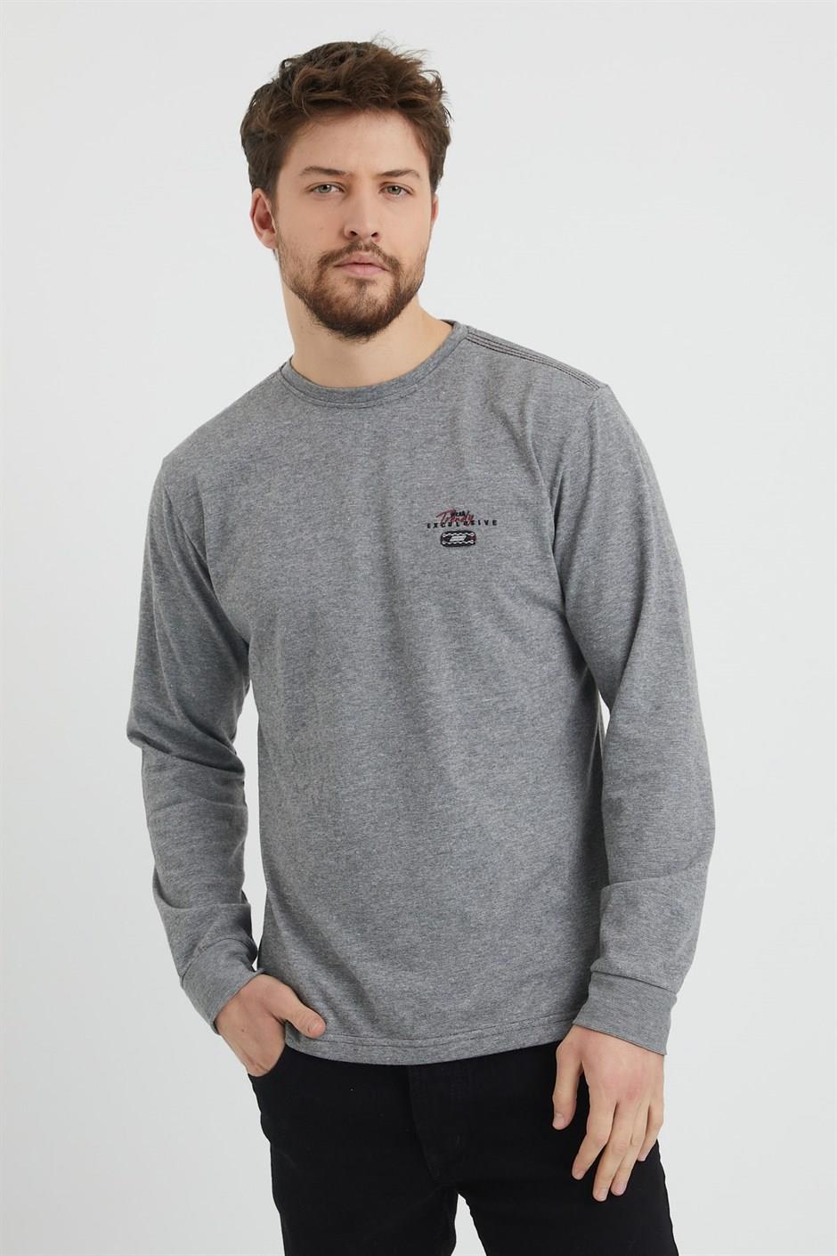 Erkek Antrasit Renk Bisiklet Yaka Ince Sweatshirt 