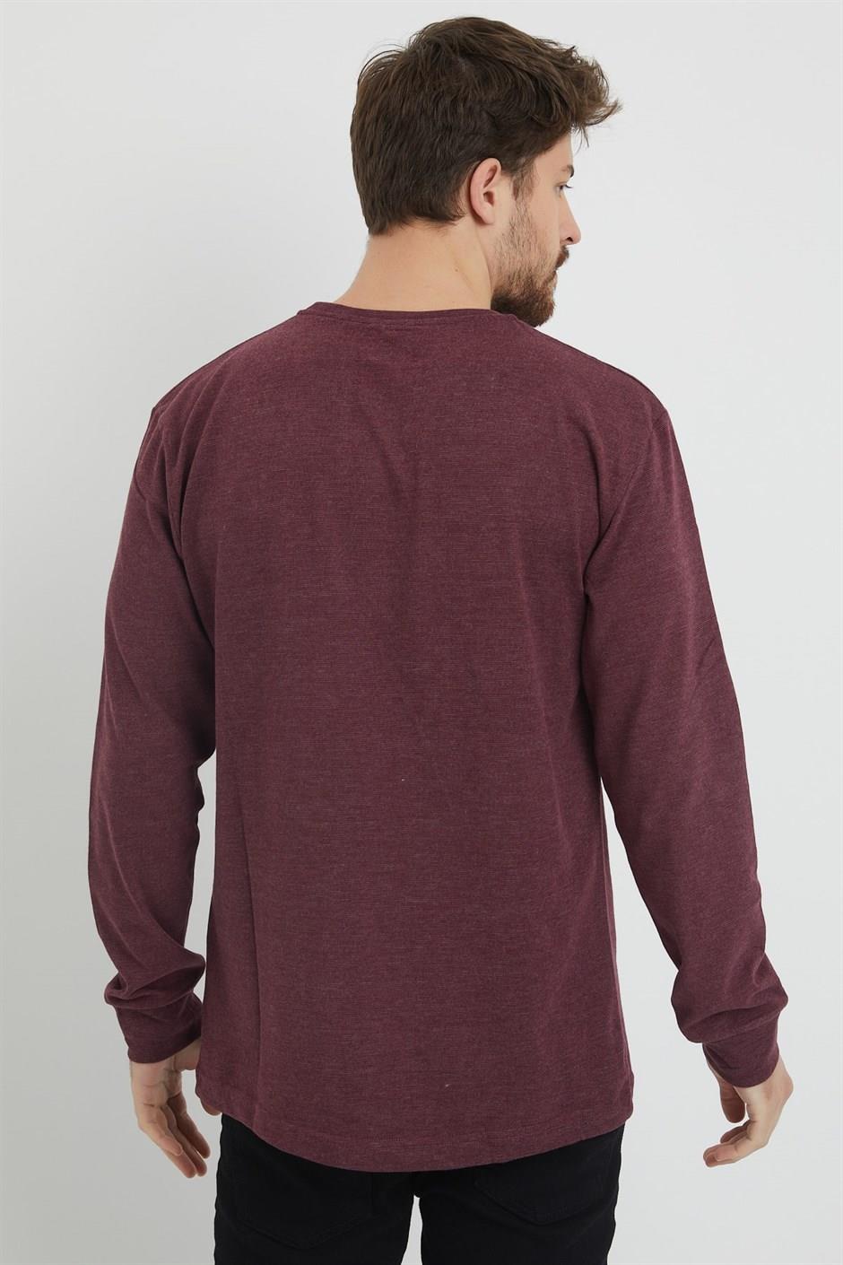 Erkek Bordo Renk Bisiklet Yaka Nakış Detaylı Ince Sweatshirt