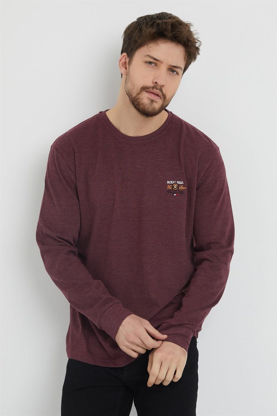 Erkek Bordo Renk Bisiklet Yaka Nakış Detaylı Ince Sweatshirt