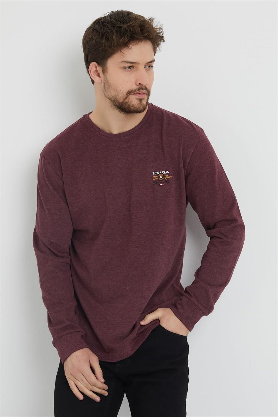 Erkek Bordo Renk Bisiklet Yaka Nakış Detaylı Ince Sweatshirt