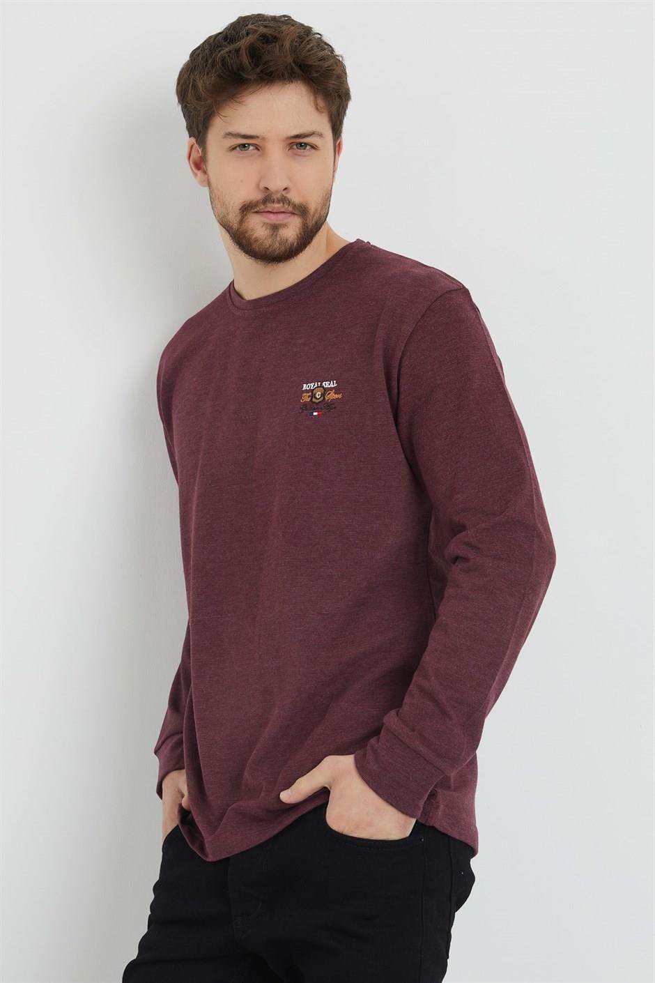 Erkek Bordo Renk Bisiklet Yaka Nakış Detaylı Ince Sweatshirt