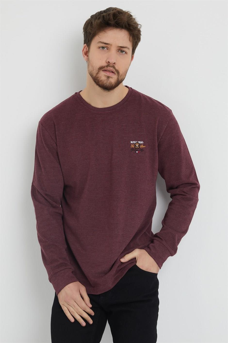 Erkek Bordo Renk Bisiklet Yaka Nakış Detaylı Ince Sweatshirt