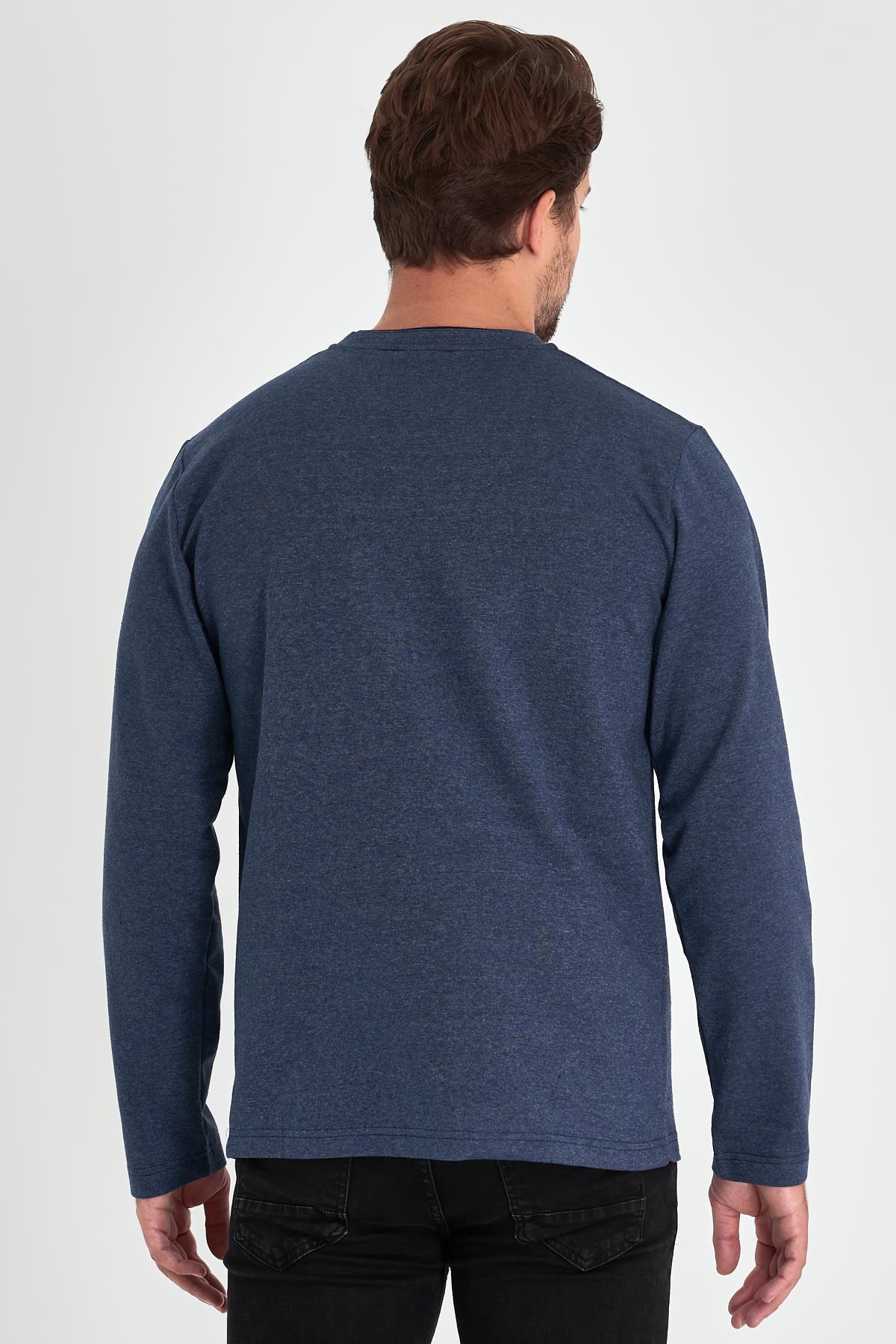 Erkek İndigo Çift Bisiklet Yaka Standart Rahat Kesim Sweatshirt
