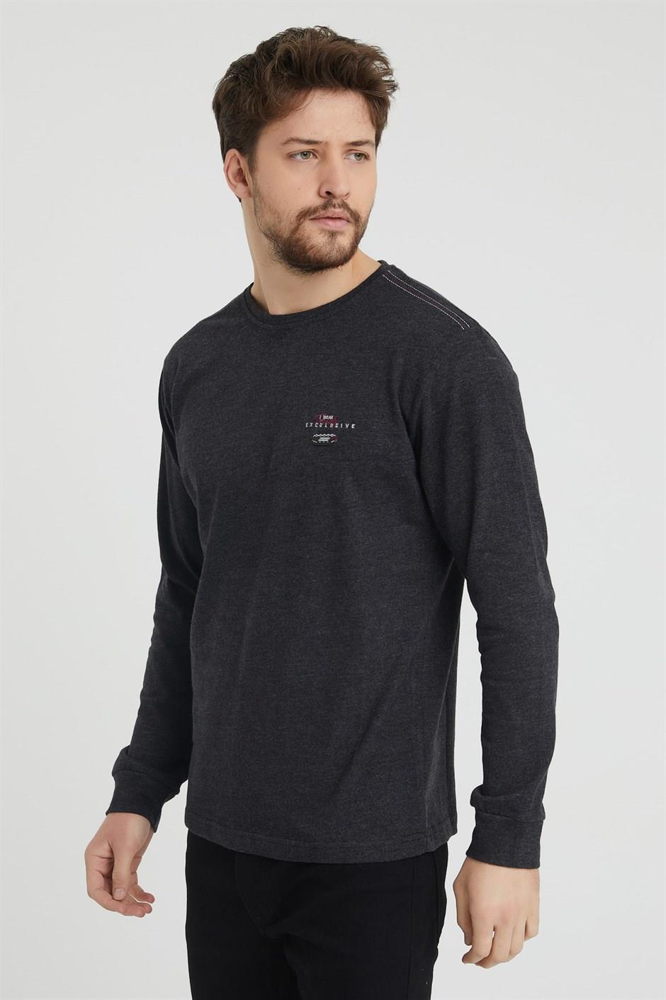 Erkek Siyah Renk Bisiklet Yaka Ince Sweatshirt 
