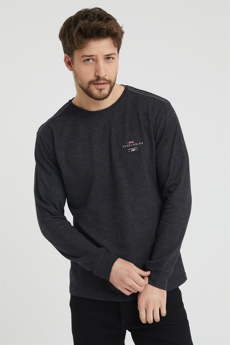Erkek Siyah Renk Bisiklet Yaka Ince Sweatshirt 