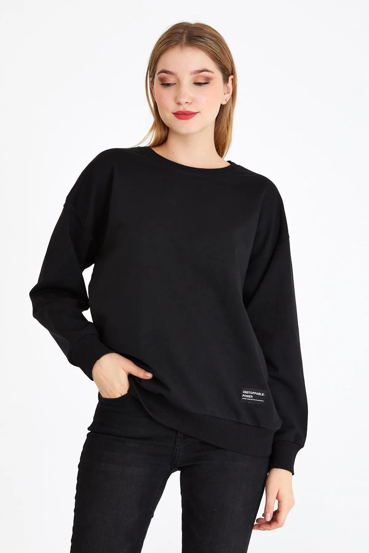 Metalic Kadın Siyah Renk Basic Bisiklet Yaka Sweatshirt