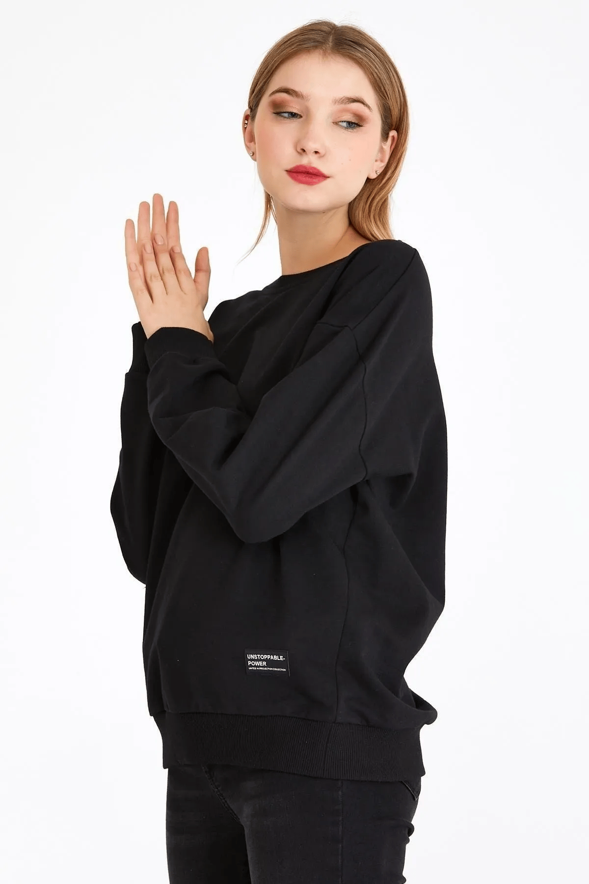 Metalic Kadın Siyah Renk Basic Bisiklet Yaka Sweatshirt