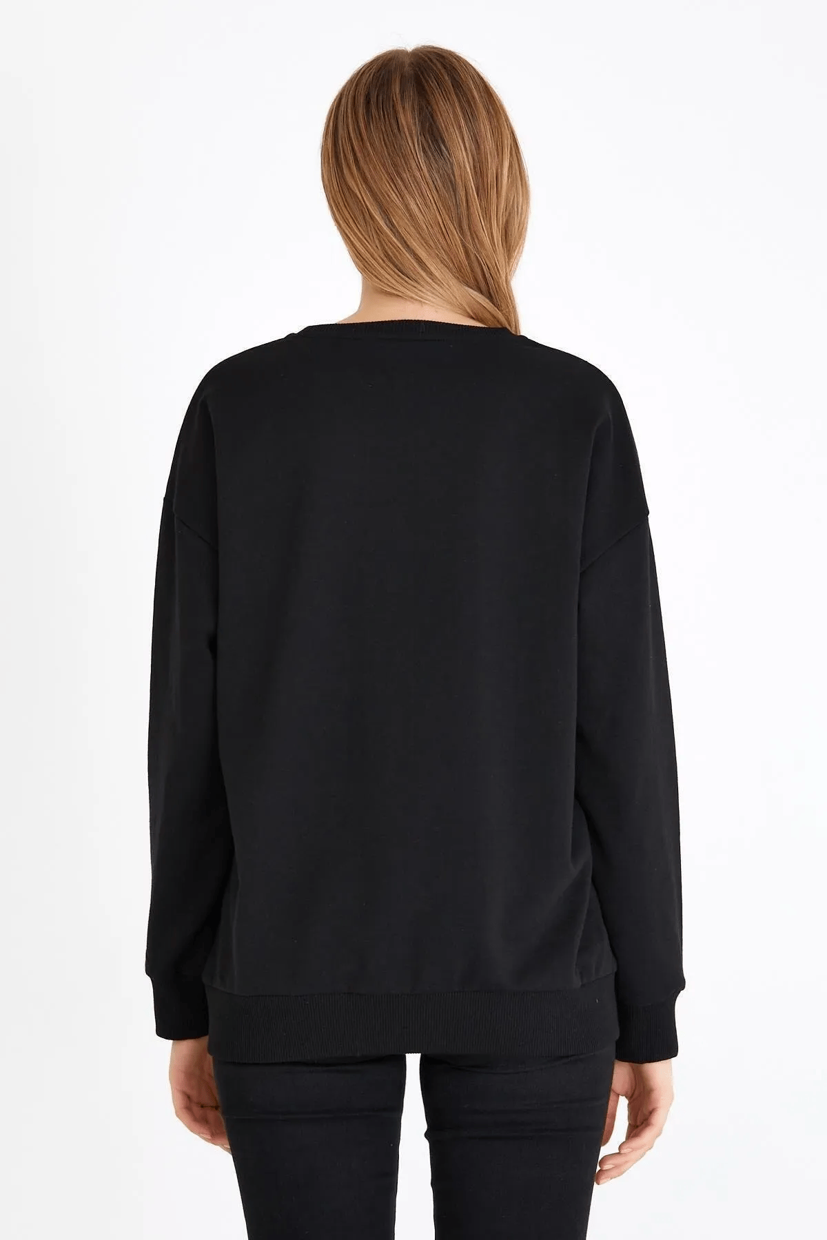 Metalic Kadın Siyah Renk Basic Bisiklet Yaka Sweatshirt
